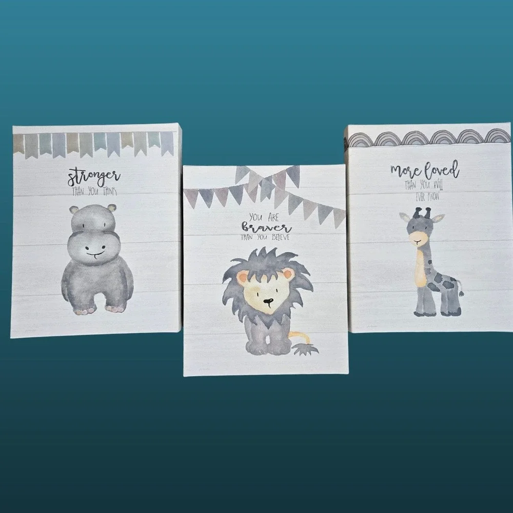 Jo Moulton Safari Animal Canvas Wall Art Kids Set of 3 Nursery Decor Scandi-Boho
